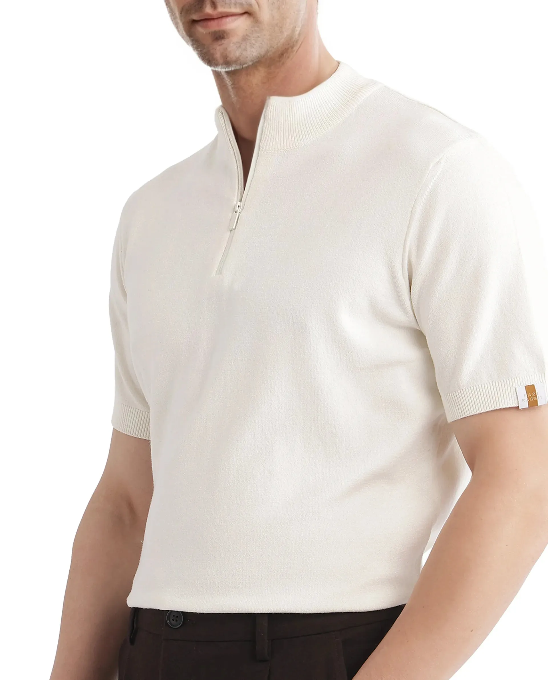 Rare Rabbit Men's Alfeto White Viscose Poly Fabric Short Sleeve High Neck Zipper Closure Plain Polo