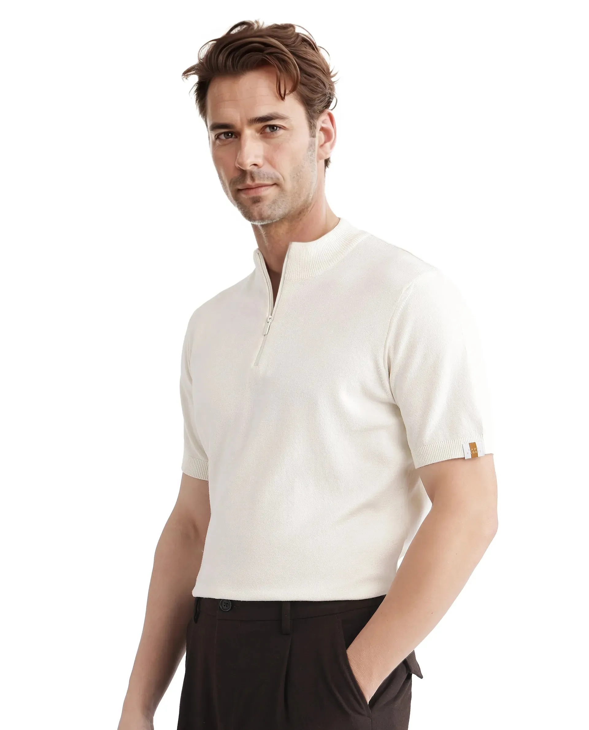 Rare Rabbit Men's Alfeto White Viscose Poly Fabric Short Sleeve High Neck Zipper Closure Plain Polo