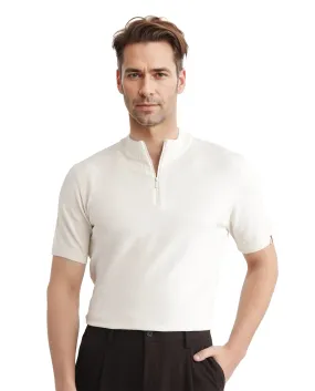 Rare Rabbit Men's Alfeto White Viscose Poly Fabric Short Sleeve High Neck Zipper Closure Plain Polo
