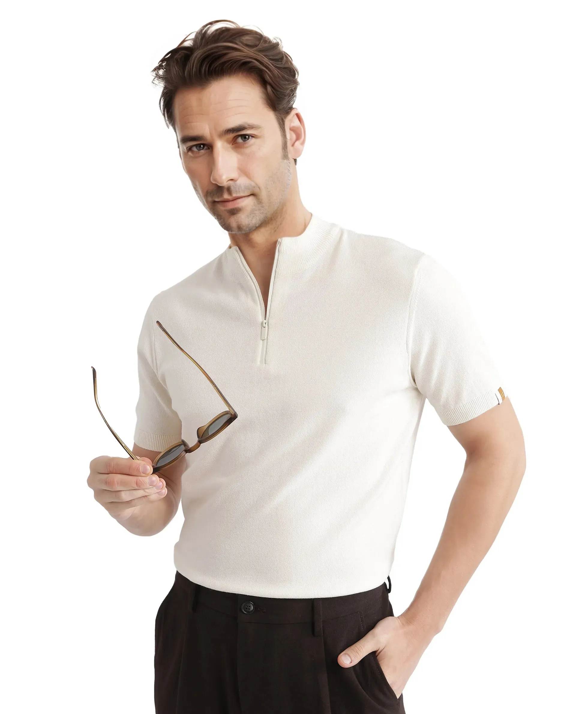 Rare Rabbit Men's Alfeto White Viscose Poly Fabric Short Sleeve High Neck Zipper Closure Plain Polo