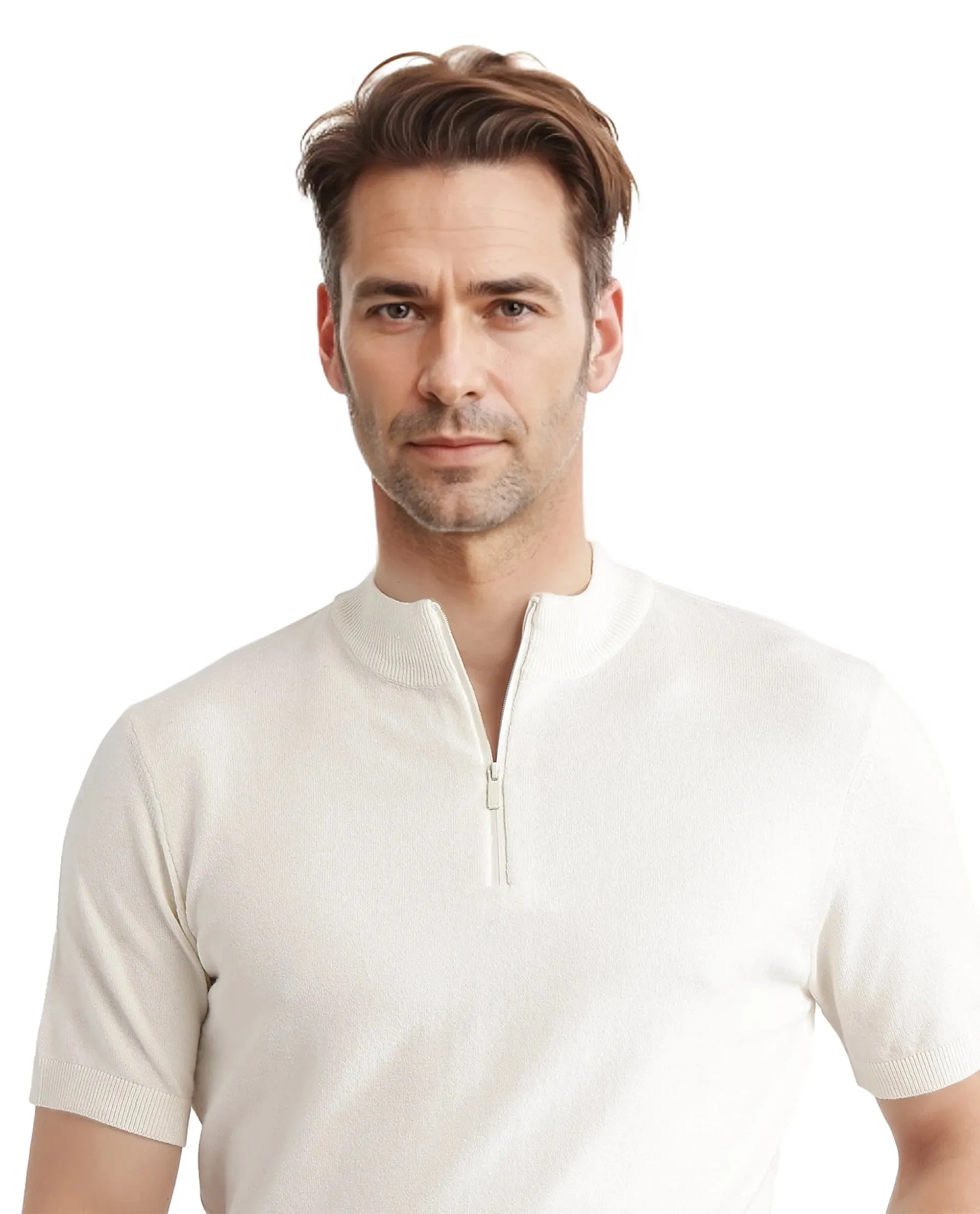 Rare Rabbit Men's Alfeto White Viscose Poly Fabric Short Sleeve High Neck Zipper Closure Plain Polo