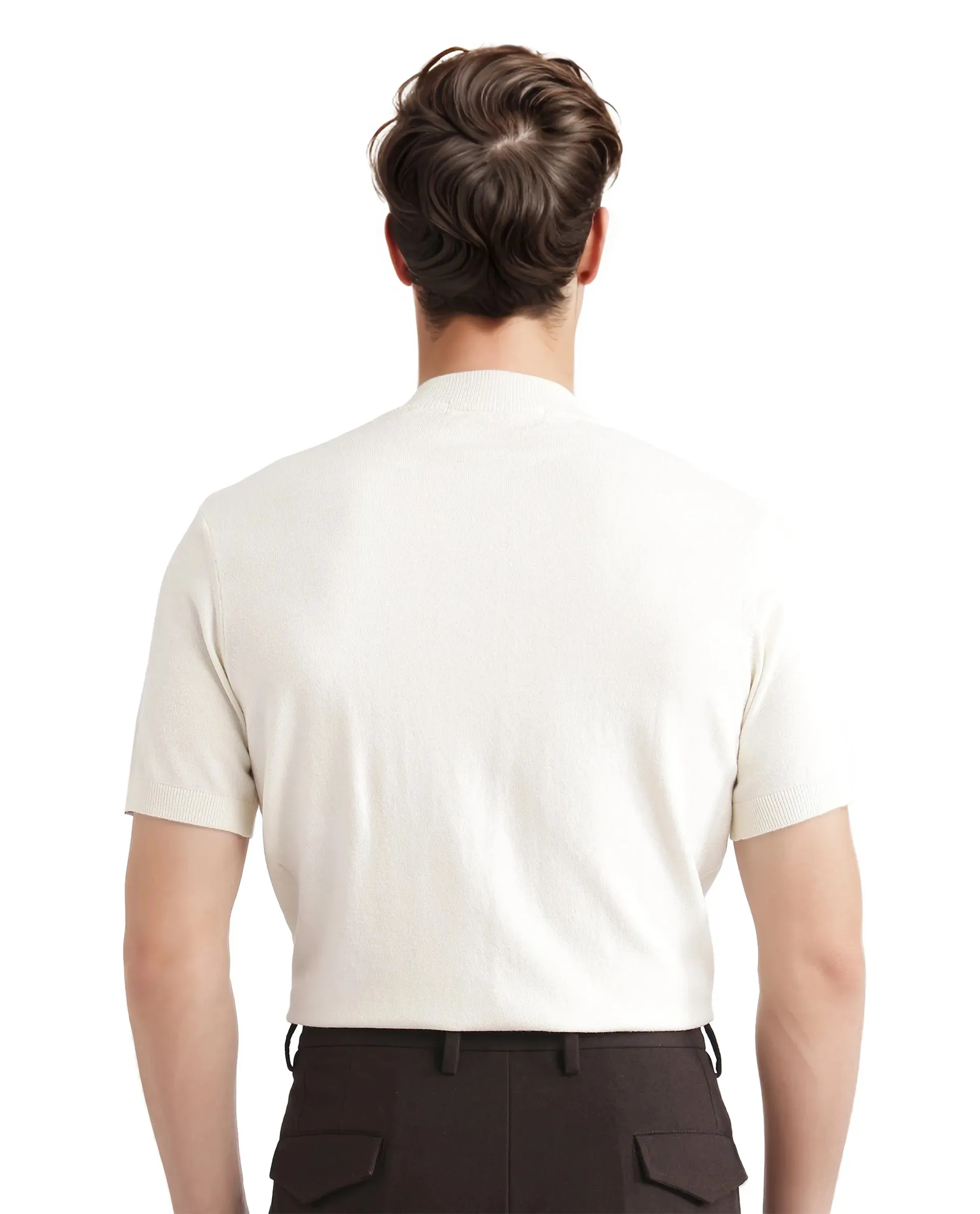 Rare Rabbit Men's Alfeto White Viscose Poly Fabric Short Sleeve High Neck Zipper Closure Plain Polo