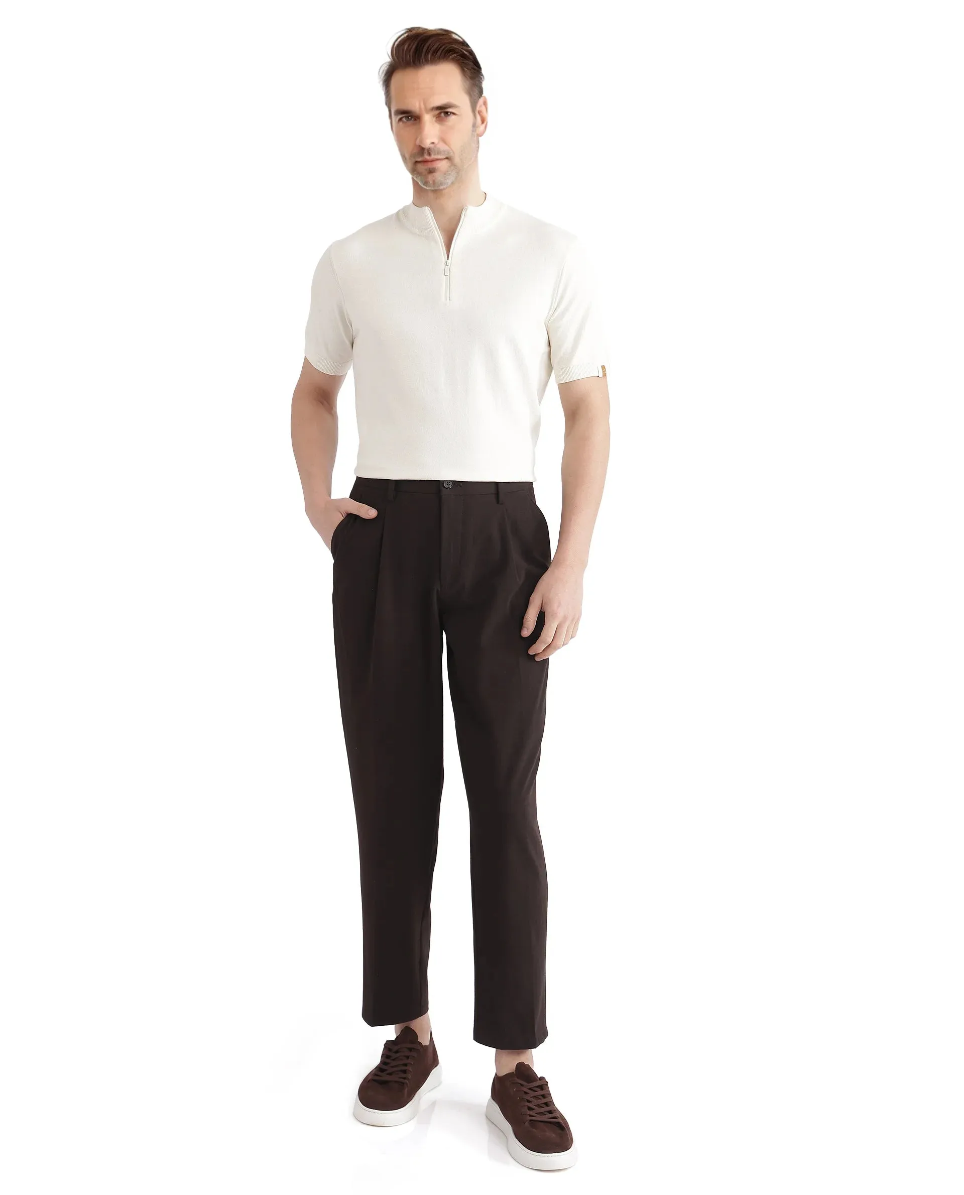 Rare Rabbit Men's Alfeto White Viscose Poly Fabric Short Sleeve High Neck Zipper Closure Plain Polo