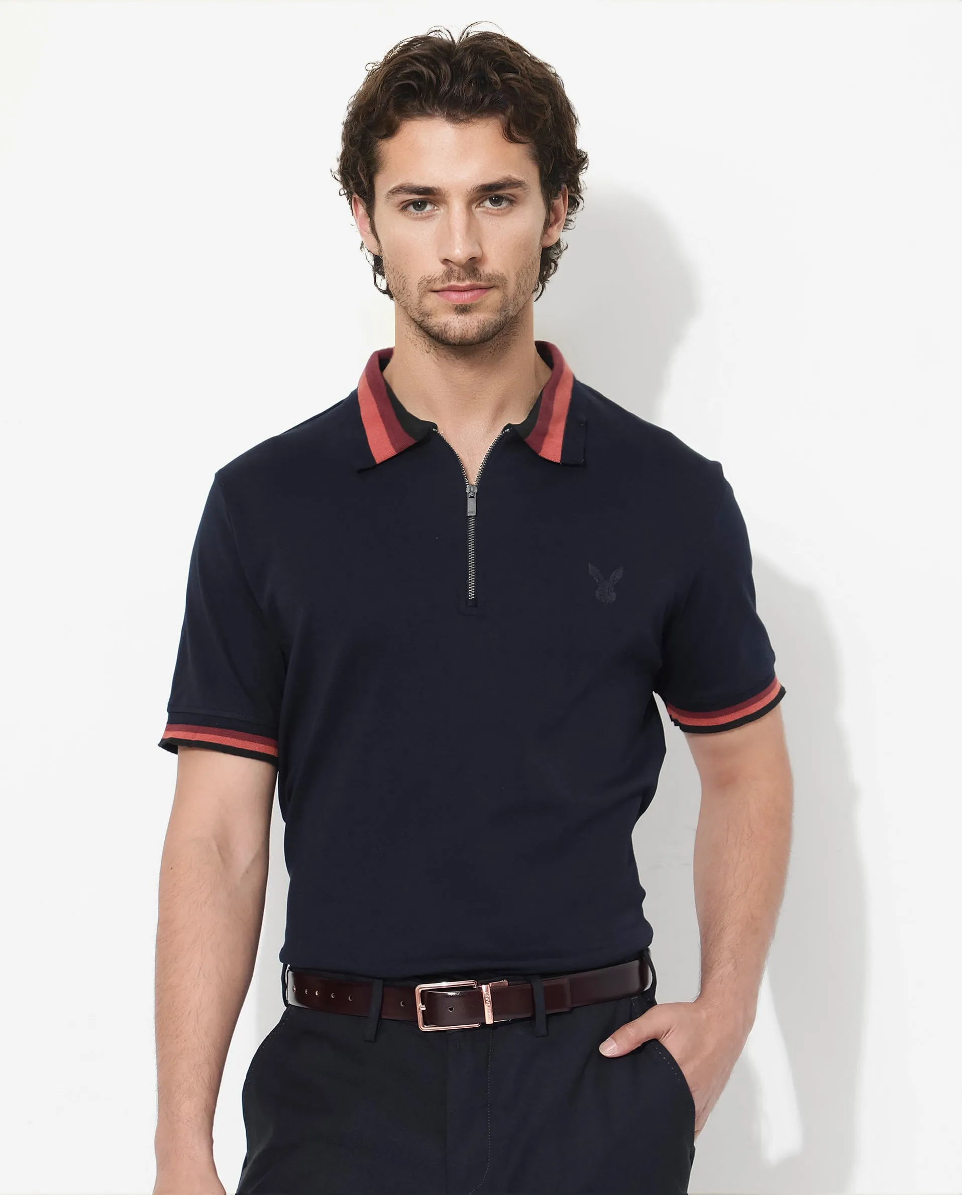Rare Rabbit Men's Drax Navy Cotton Fabric Short Sleeves Collared Neck Plain Knit Polo