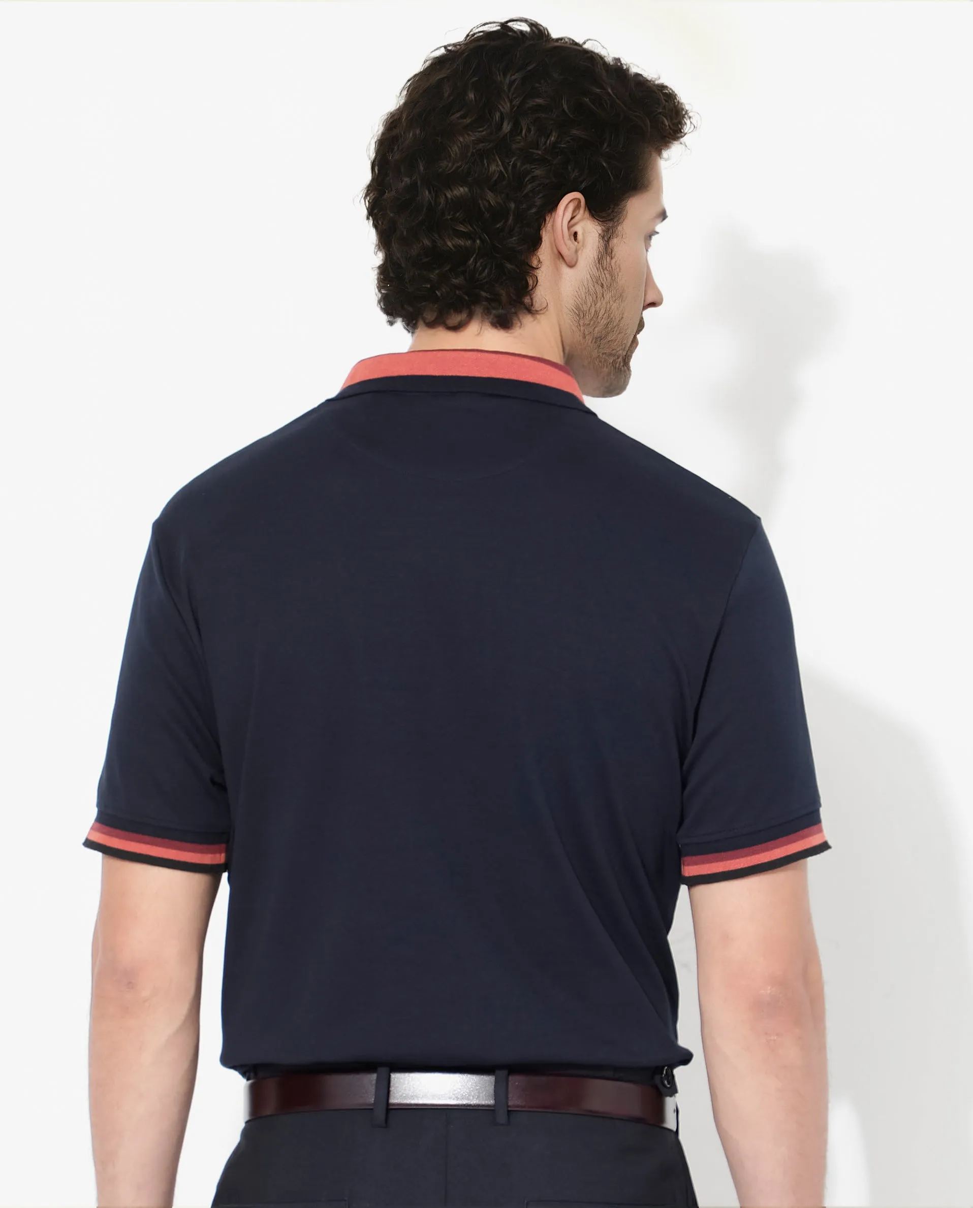Rare Rabbit Men's Drax Navy Cotton Fabric Short Sleeves Collared Neck Plain Knit Polo