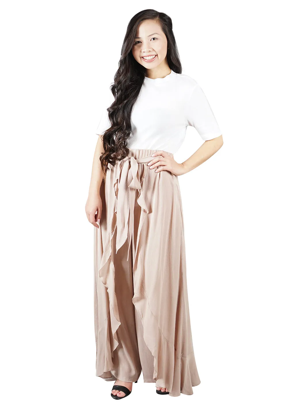 Ruffle Ribbon-Tie Palazzo Dressy Pants