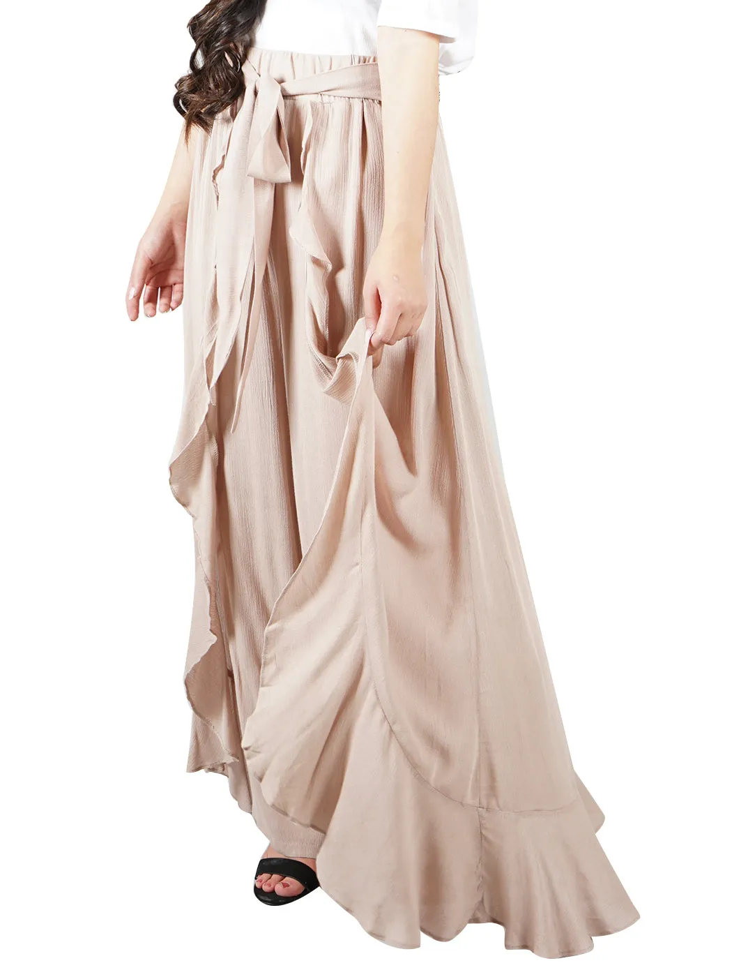 Ruffle Ribbon-Tie Palazzo Dressy Pants