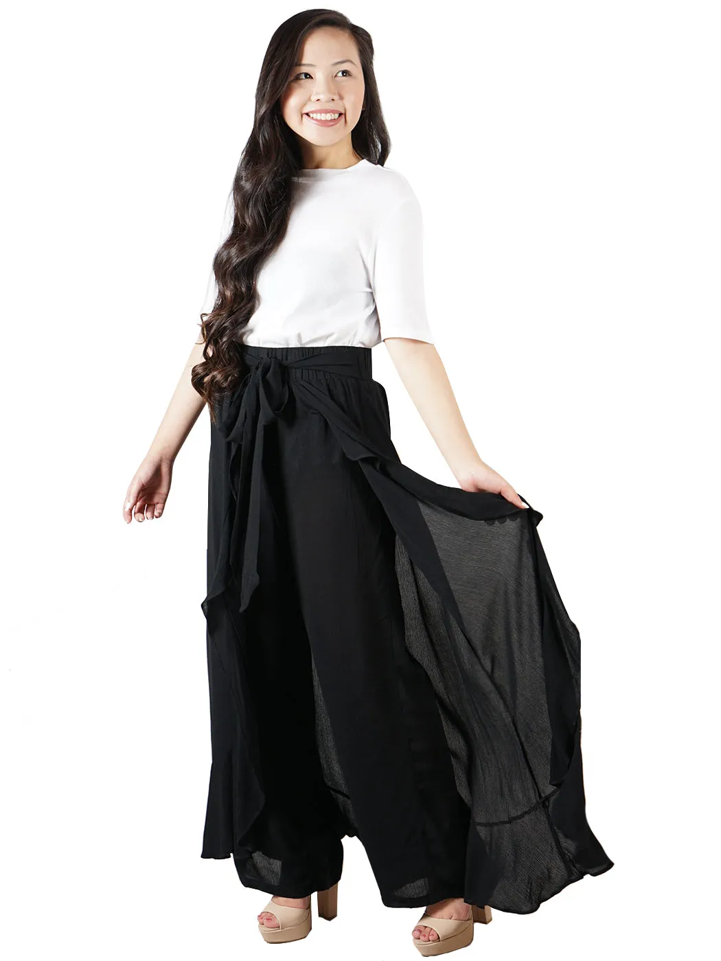 Ruffle Ribbon-Tie Palazzo Dressy Pants
