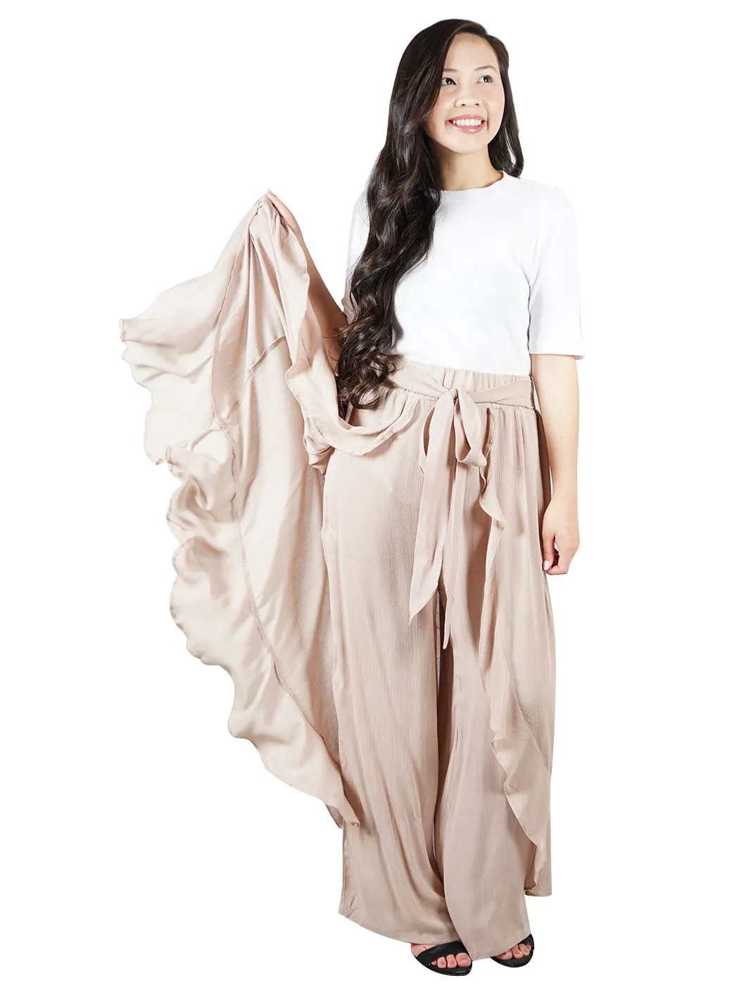 Ruffle Ribbon-Tie Palazzo Dressy Pants