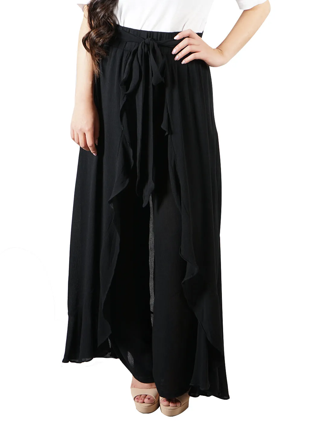 Ruffle Ribbon-Tie Palazzo Dressy Pants