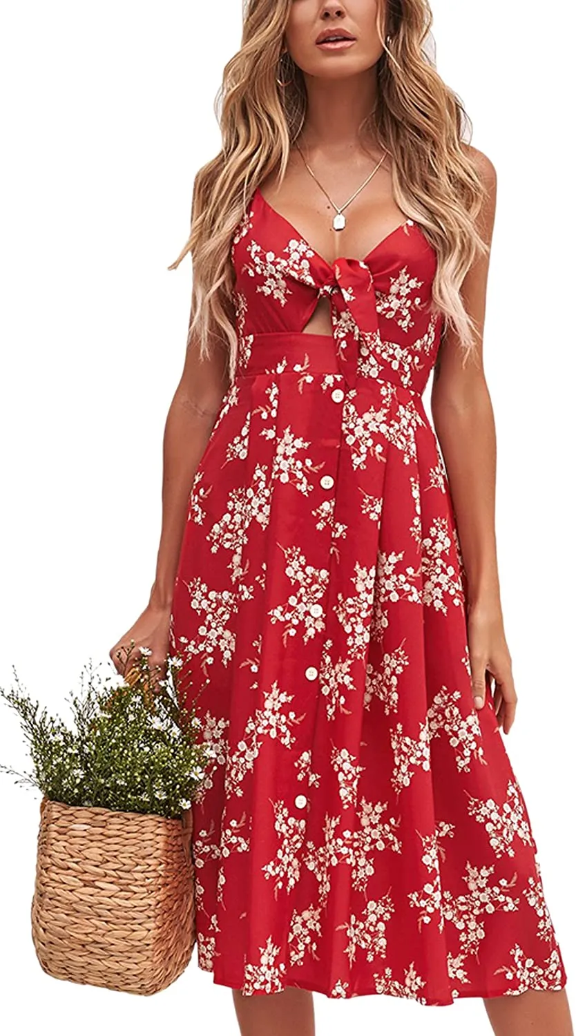 Spaghetti Strap Button Down A-Line Backless Swing Dress