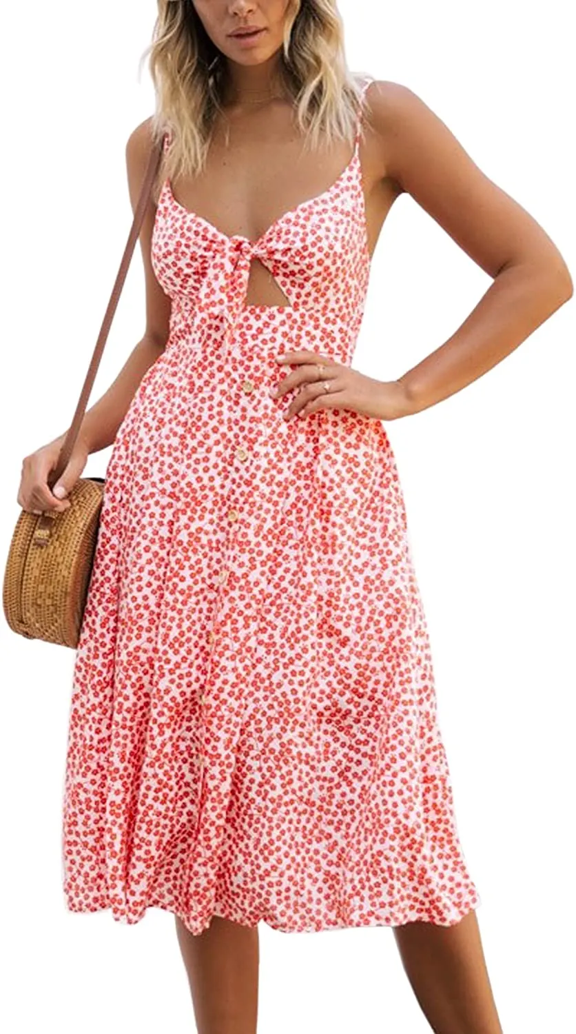 Spaghetti Strap Button Down A-Line Backless Swing Dress