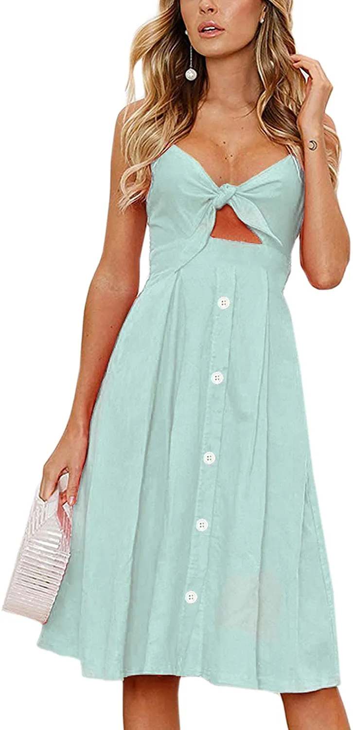Spaghetti Strap Button Down A-Line Backless Swing Dress