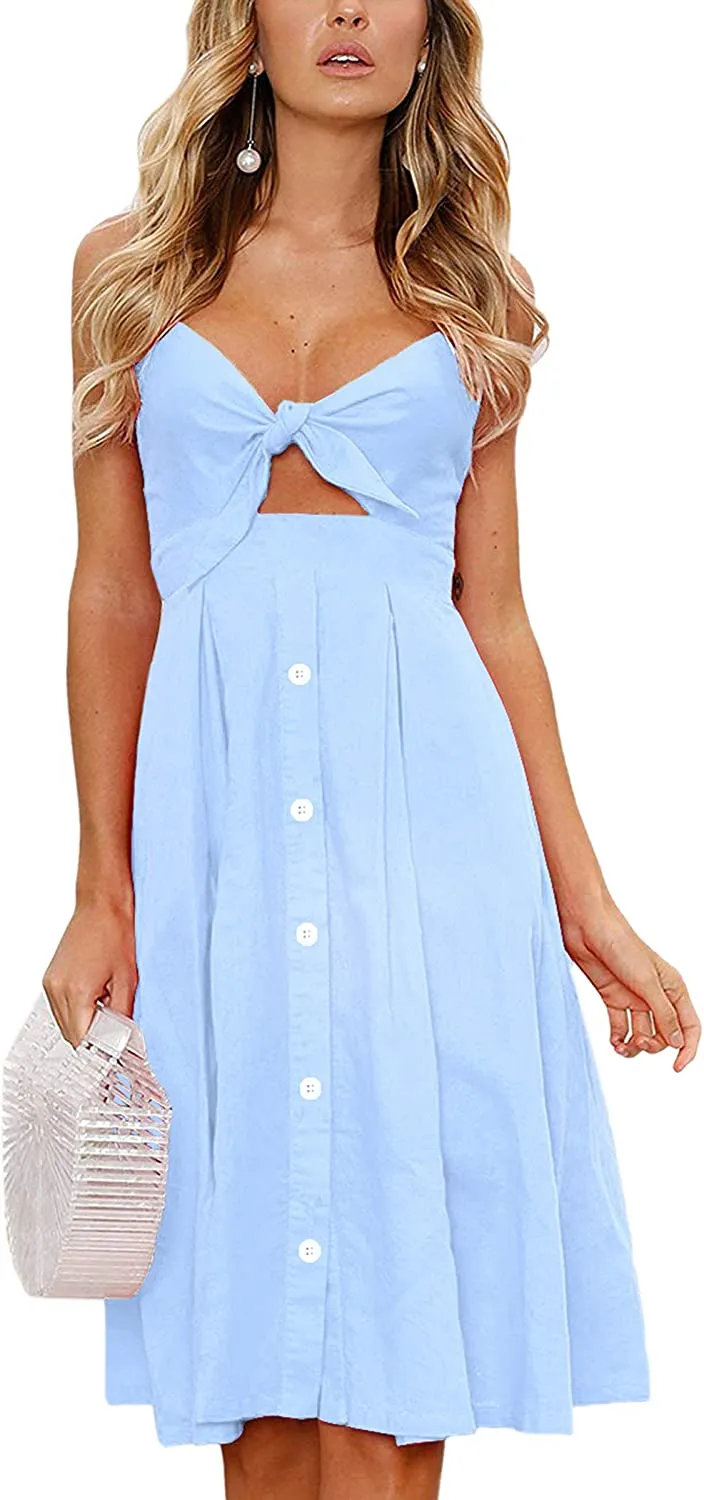 Spaghetti Strap Button Down A-Line Backless Swing Dress