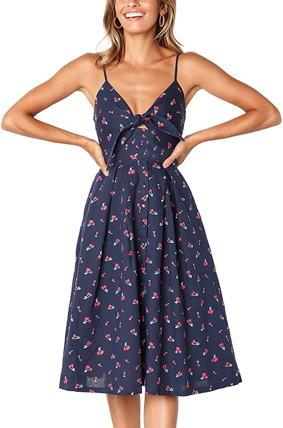 Spaghetti Strap Button Down A-Line Backless Swing Dress