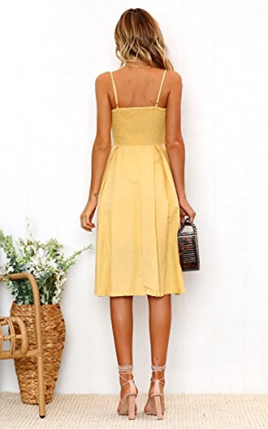Spaghetti Strap Button Down A-Line Backless Swing Dress