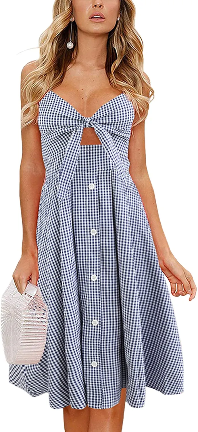 Spaghetti Strap Button Down A-Line Backless Swing Dress