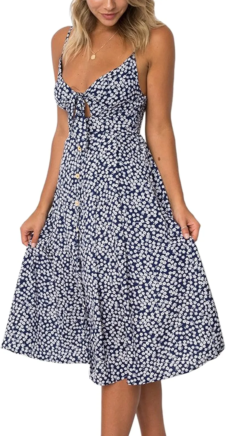 Spaghetti Strap Button Down A-Line Backless Swing Dress