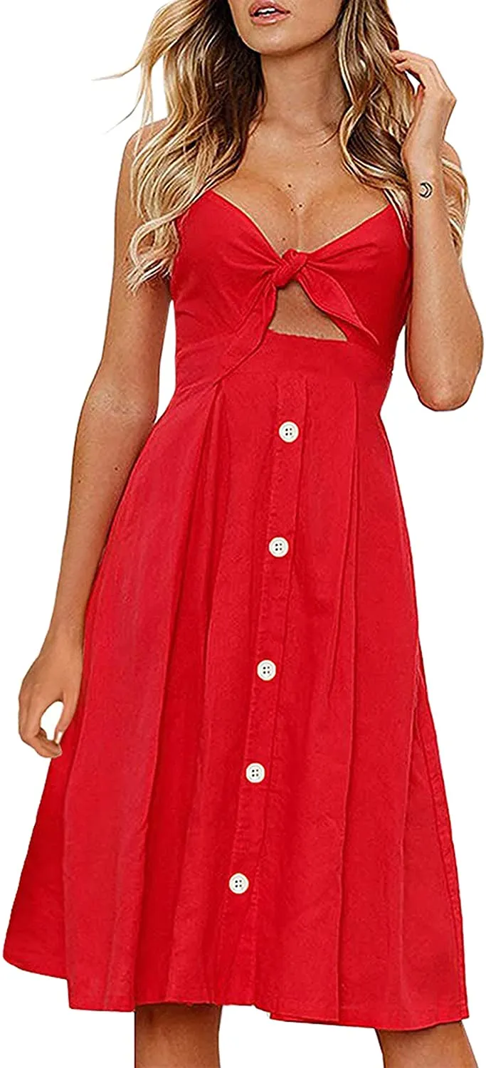 Spaghetti Strap Button Down A-Line Backless Swing Dress