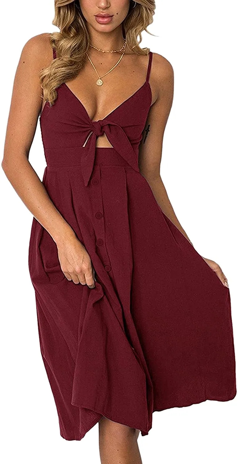 Spaghetti Strap Button Down A-Line Backless Swing Dress