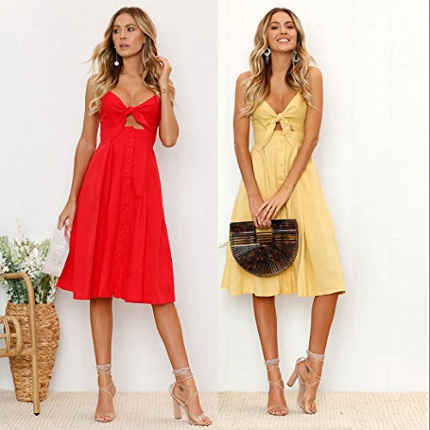 Spaghetti Strap Button Down A-Line Backless Swing Dress