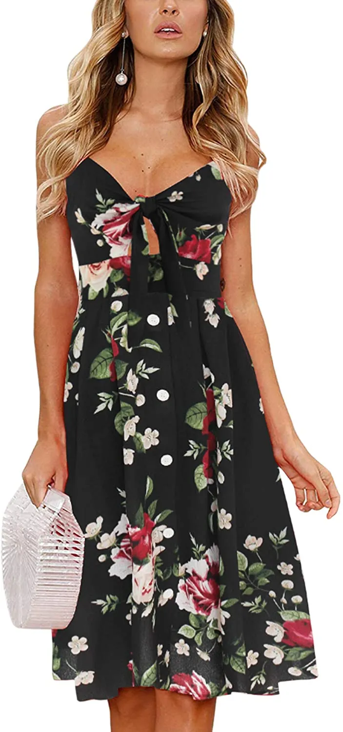 Spaghetti Strap Button Down A-Line Backless Swing Dress
