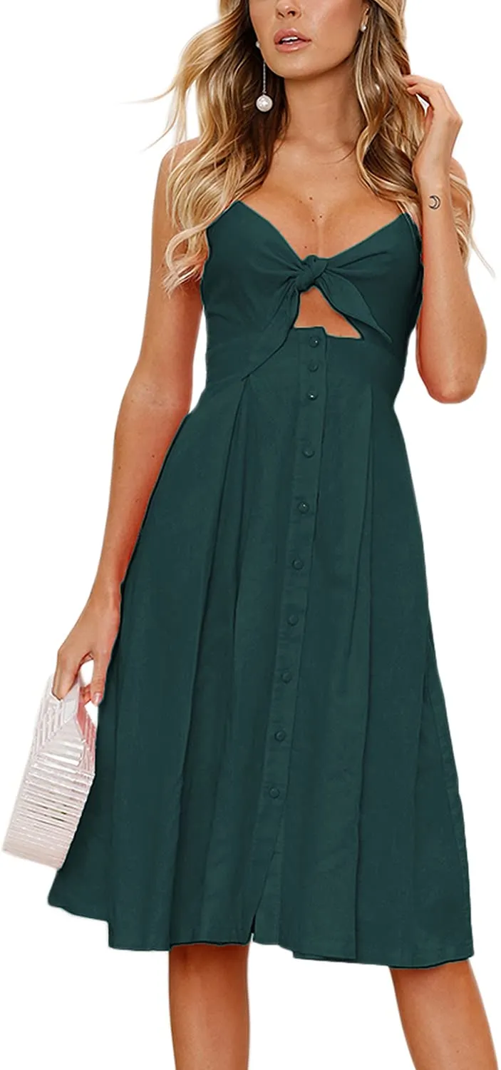 Spaghetti Strap Button Down A-Line Backless Swing Dress