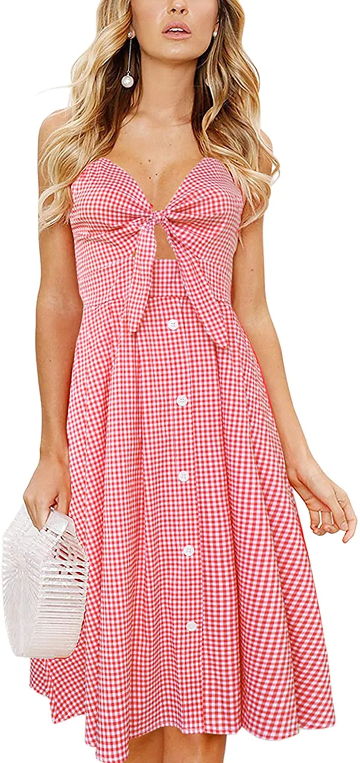Spaghetti Strap Button Down A-Line Backless Swing Dress