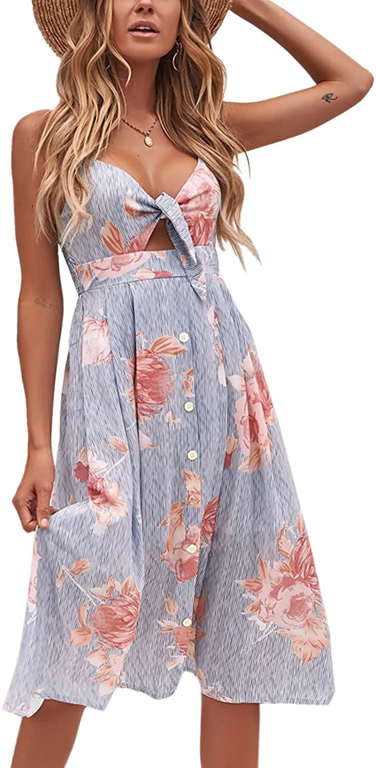 Spaghetti Strap Button Down A-Line Backless Swing Dress