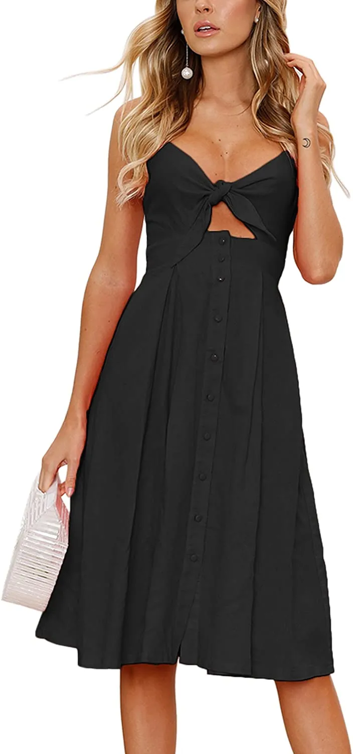 Spaghetti Strap Button Down A-Line Backless Swing Dress