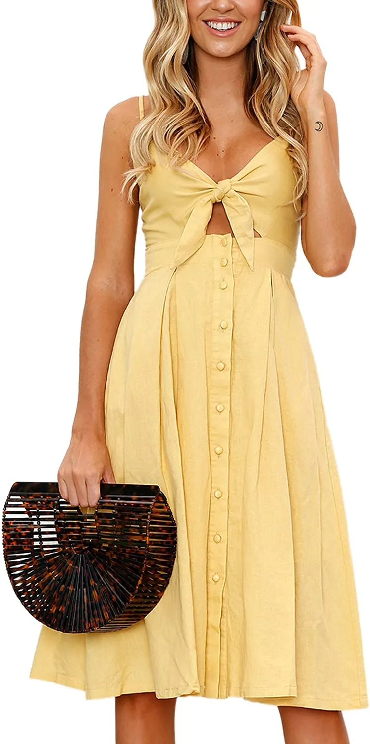 Spaghetti Strap Button Down A-Line Backless Swing Dress