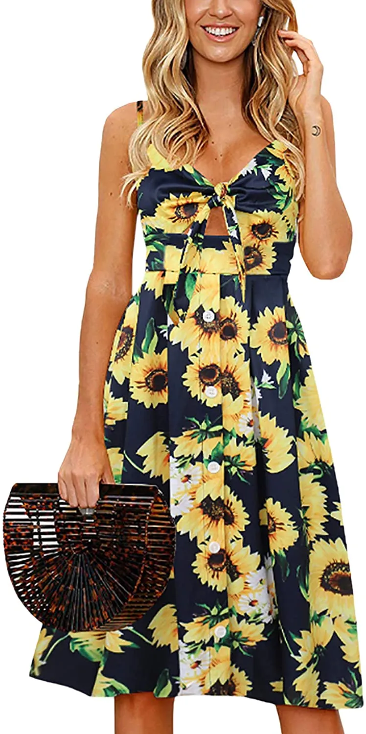 Spaghetti Strap Button Down A-Line Backless Swing Dress