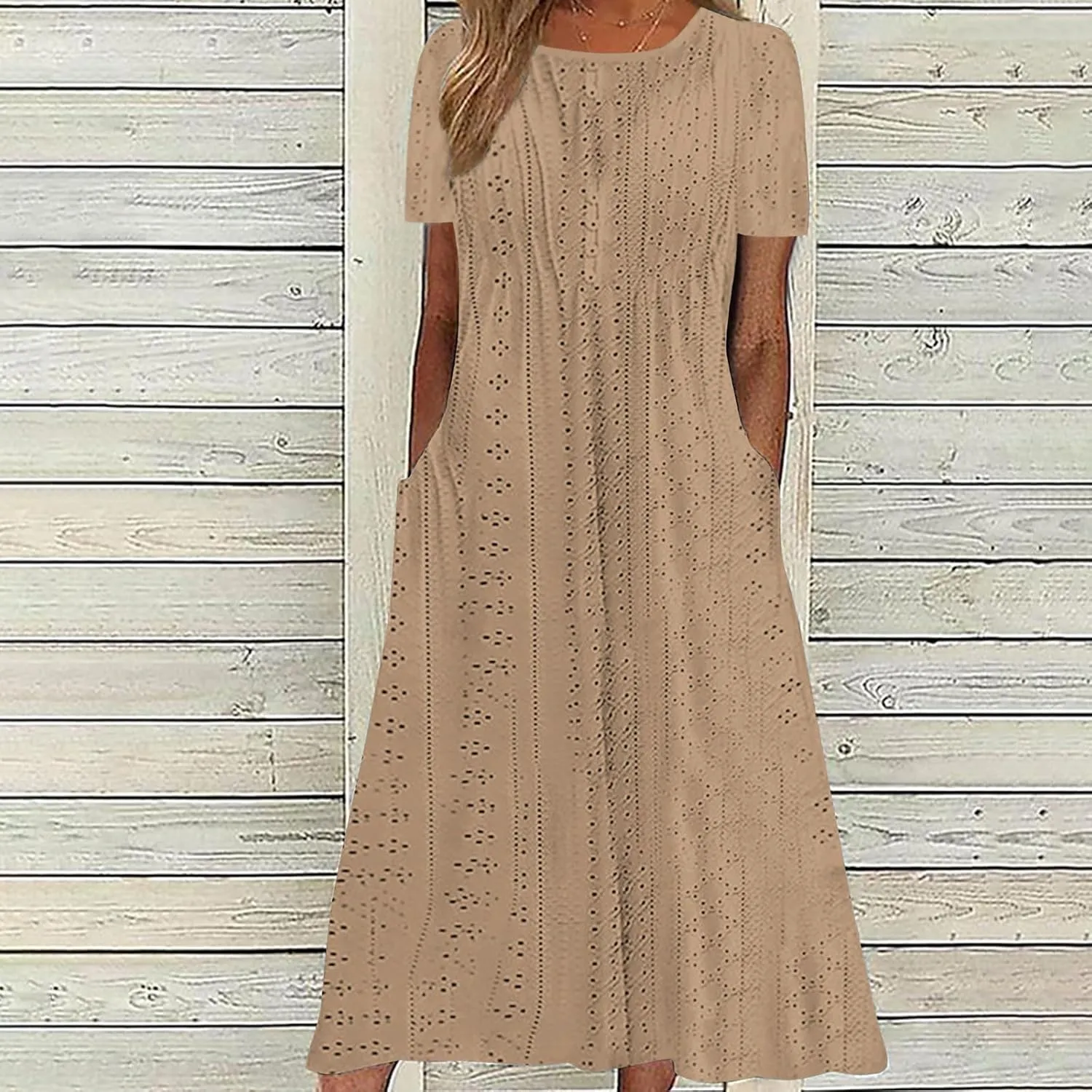 Summer Dress for Women Crochet Eyelets Pleated Beach Dresses Loose Short Sleeve Casual Tiered Midi Pocket Dress