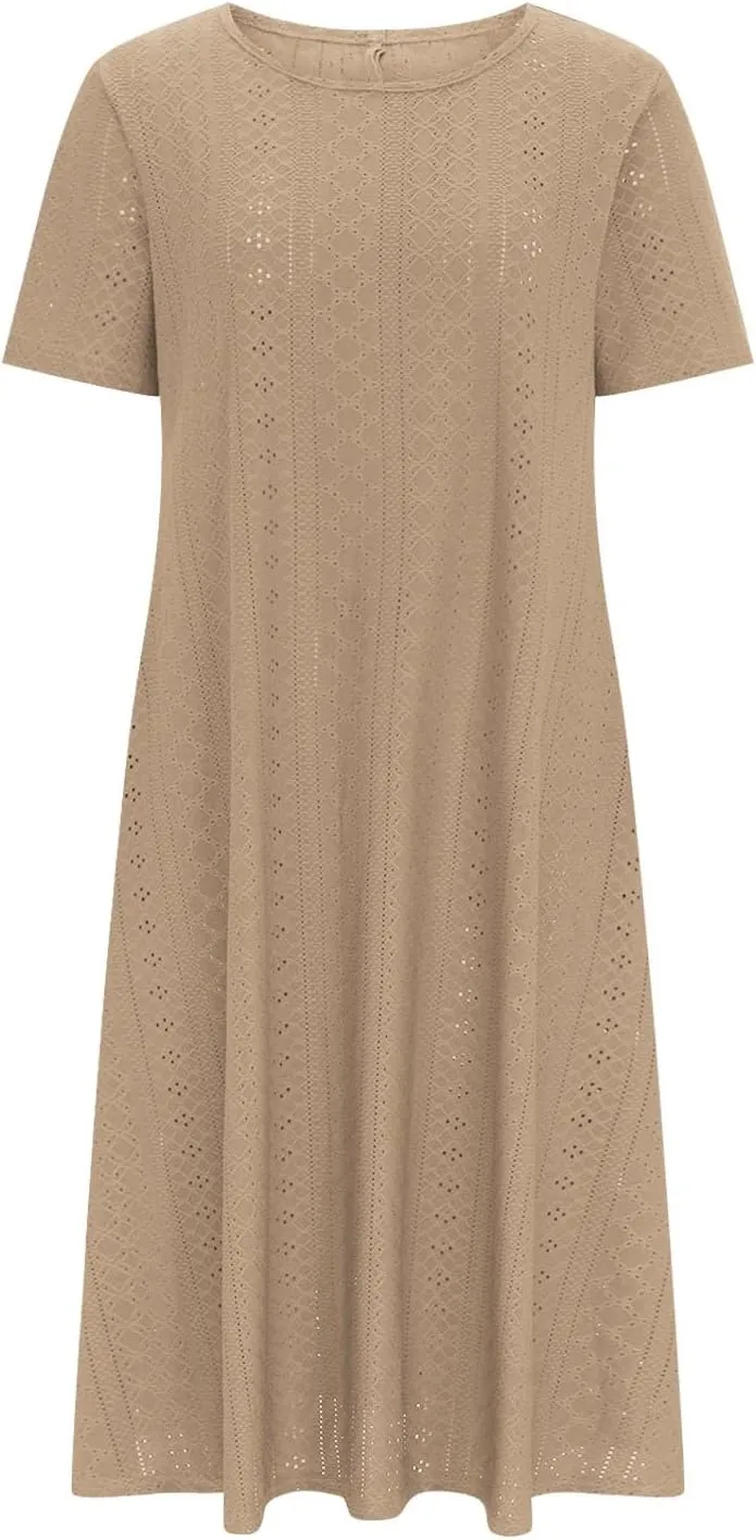 Summer Dress for Women Crochet Eyelets Pleated Beach Dresses Loose Short Sleeve Casual Tiered Midi Pocket Dress