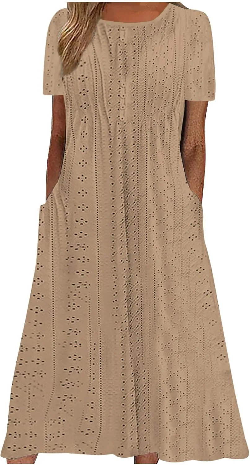 Summer Dress for Women Crochet Eyelets Pleated Beach Dresses Loose Short Sleeve Casual Tiered Midi Pocket Dress