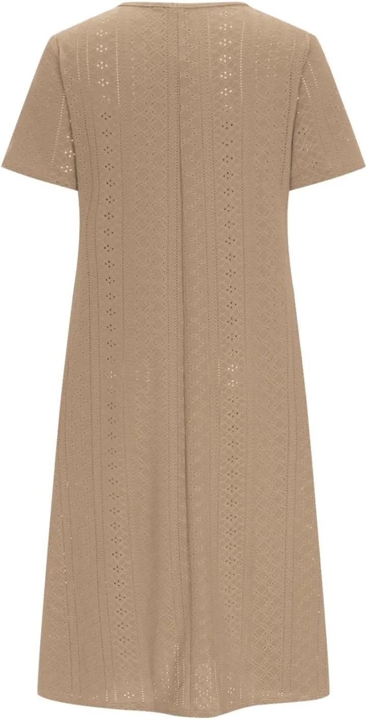 Summer Dress for Women Crochet Eyelets Pleated Beach Dresses Loose Short Sleeve Casual Tiered Midi Pocket Dress