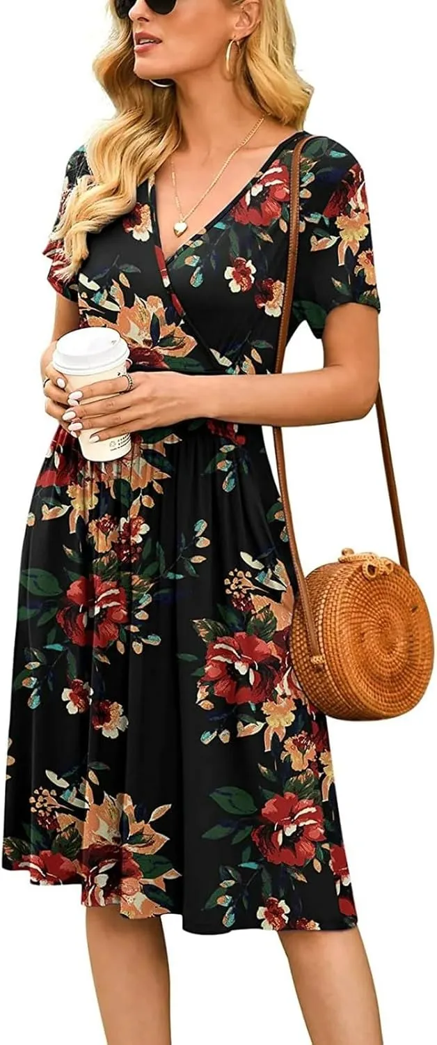 Summer Dresses for Women 2024 Casual V Neck High Waist A-Line Dress with Pocket Cute Solid Short Sleeve Midi Dress