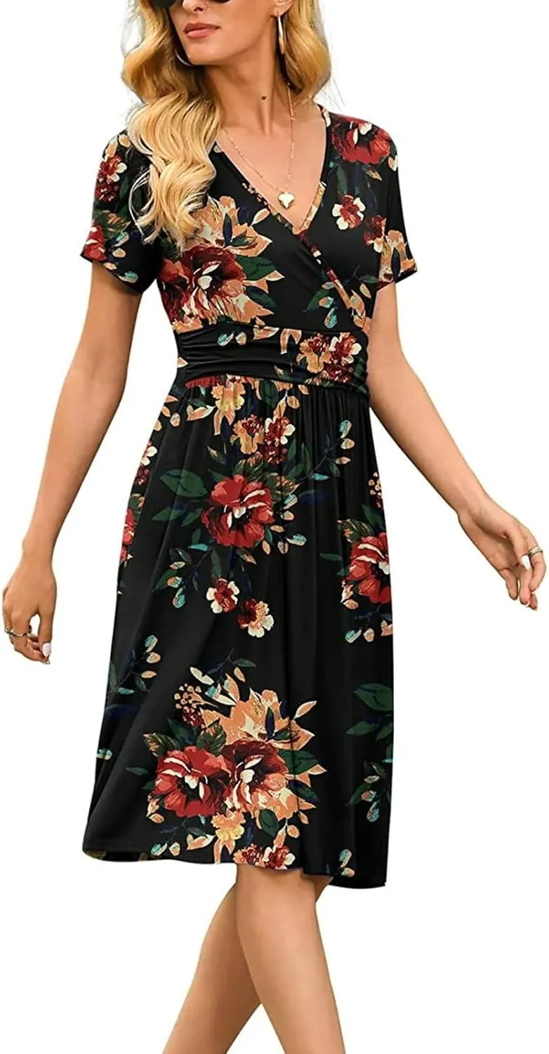 Summer Dresses for Women 2024 Casual V Neck High Waist A-Line Dress with Pocket Cute Solid Short Sleeve Midi Dress