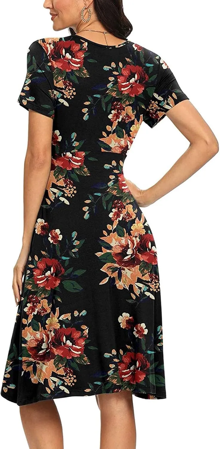 Summer Dresses for Women 2024 Casual V Neck High Waist A-Line Dress with Pocket Cute Solid Short Sleeve Midi Dress