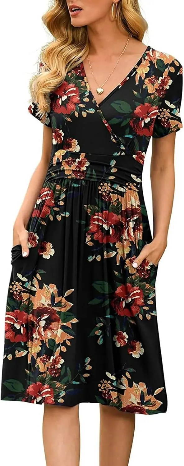 Summer Dresses for Women 2024 Casual V Neck High Waist A-Line Dress with Pocket Cute Solid Short Sleeve Midi Dress