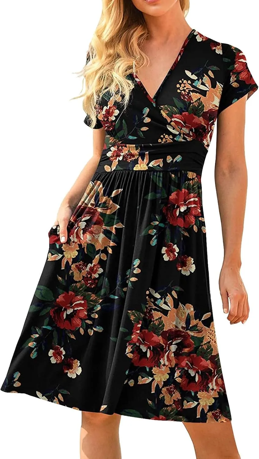 Summer Dresses for Women 2024 Casual V Neck High Waist A-Line Dress with Pocket Cute Solid Short Sleeve Midi Dress
