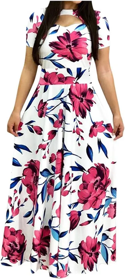 Summer Dresses for Women 2024 Floral Print Boho Long Dress Short Sleeve Hollow Out Flowy Maxi Dress Beach Dress