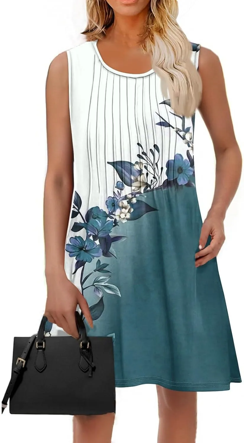 Summer Dresses for Women 2025 Beach Vacation Spring Clothes Sleeveless Round Neck Folds Printed Sun Dress