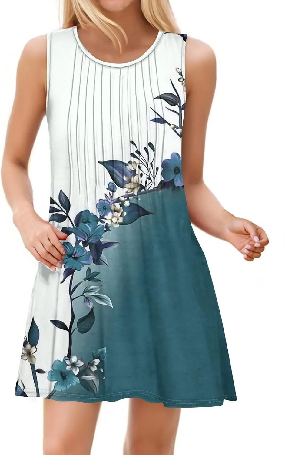 Summer Dresses for Women 2025 Beach Vacation Spring Clothes Sleeveless Round Neck Folds Printed Sun Dress