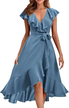 Summer Dresses for Women 2025,Wrap Midi Plain Simple Dress Boho Deep V Neck Short Sleeve Ruffle Hem Split Beach Dresses