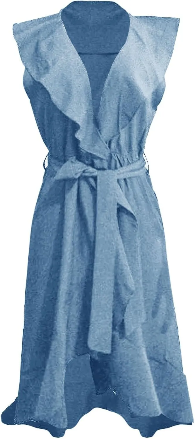 Summer Dresses for Women 2025,Wrap Midi Plain Simple Dress Boho Deep V Neck Short Sleeve Ruffle Hem Split Beach Dresses