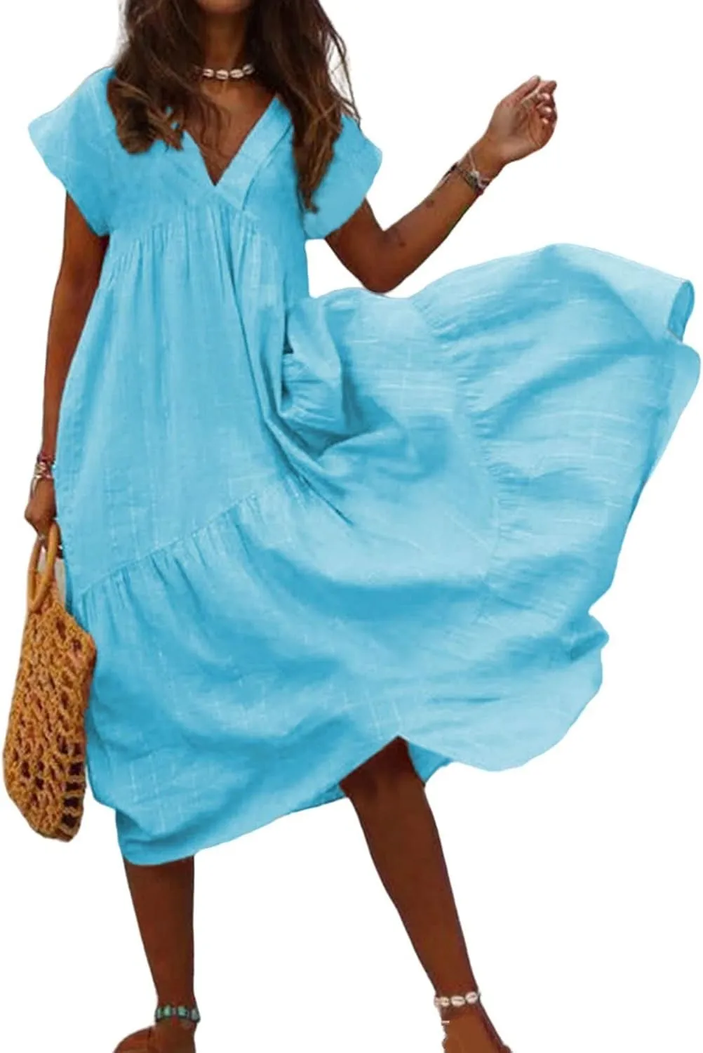 Summer Dresses for Women Linen Plus Size Short Sleeve V-Neck Swing Dress Casual Tiered Ruffle Flowy Beach Sundress