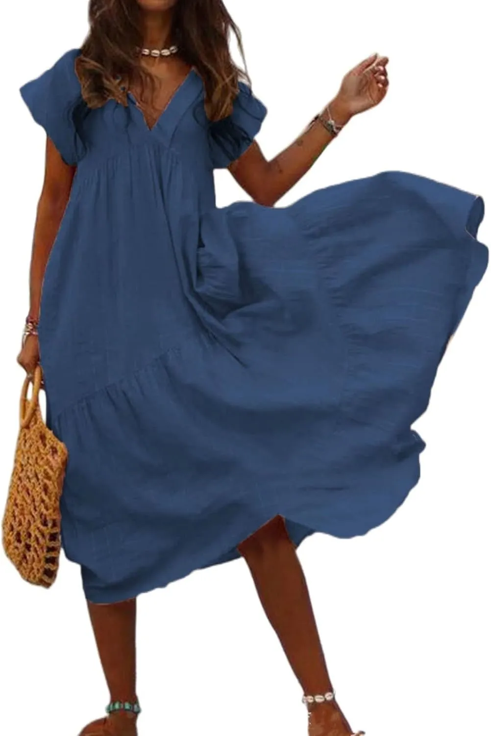 Summer Dresses for Women Linen Plus Size Short Sleeve V-Neck Swing Dress Casual Tiered Ruffle Flowy Beach Sundress