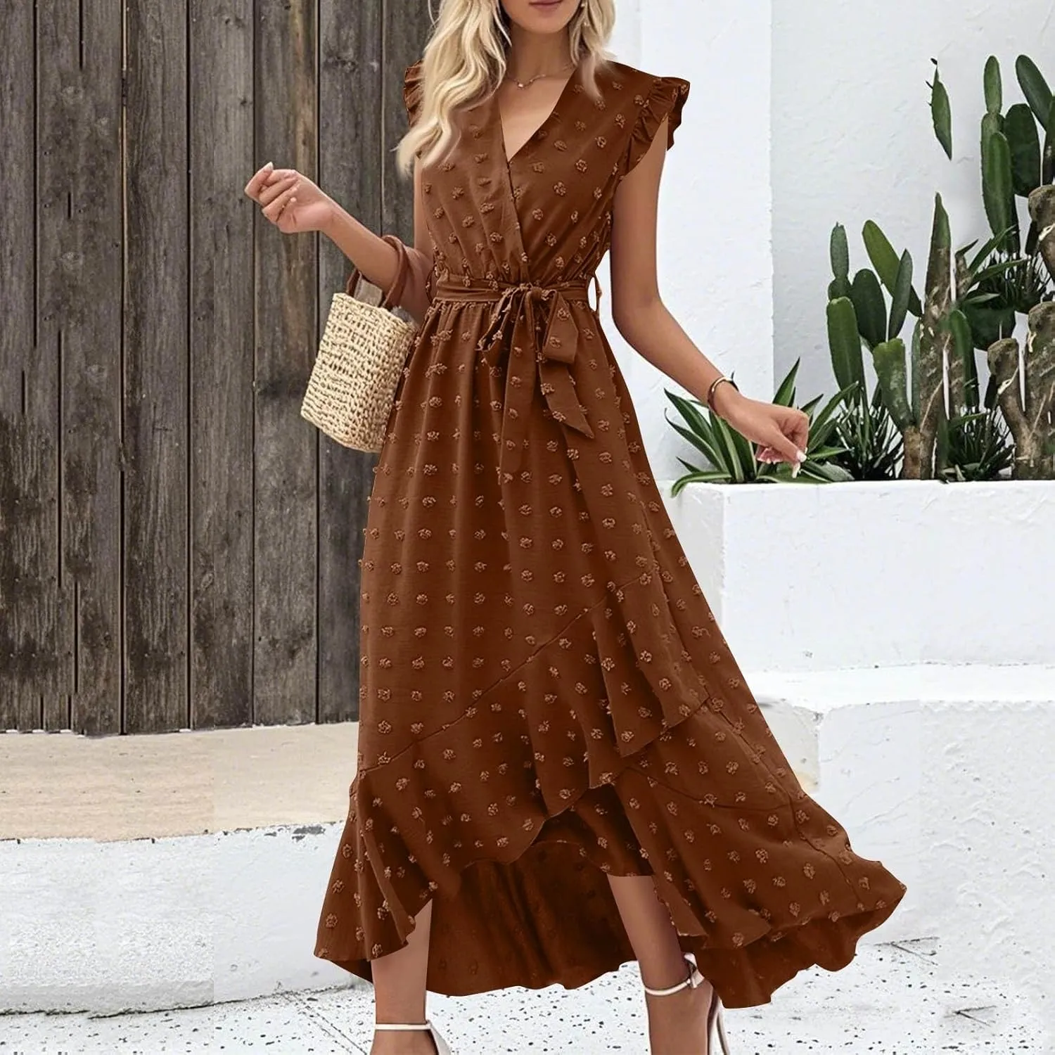Summer Dresses for Women V Neck Cap Sleeve Swiss Dot Boho Flowy Ruffle Slit Beach Party Long Maxi Cocktail Dresses