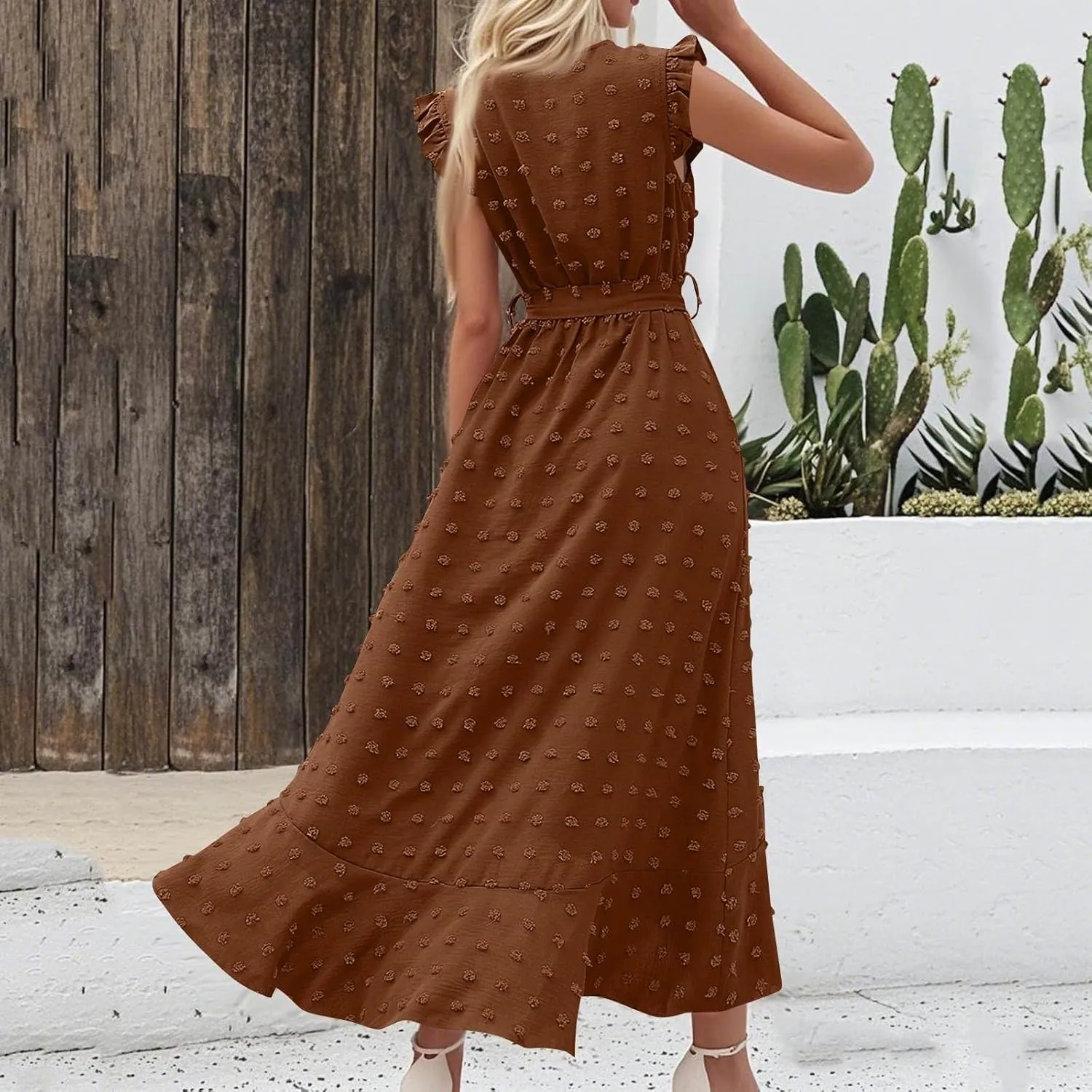 Summer Dresses for Women V Neck Cap Sleeve Swiss Dot Boho Flowy Ruffle Slit Beach Party Long Maxi Cocktail Dresses